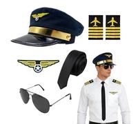 GYIOFAI Set di 6 accessori per costume da capitano di compagnia aerea, per Halloween, pilota di aereo, capitano di aereo, cappello da aviatore, fascia da braccio, distintivo, cravatta, occhiali, per