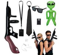 GYIOFAI Set di 7 accessori per costume da agente, kit per giochi di ruolo, con alieni gonfiabili verdi, occhiali da sole, cravatta, porta carte, auricolare, carta d'identità (nero)