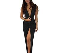 Gyios Gonna Donna Abito da Corpo A Fessura Avvolta Senza Schiena per Donne Estate Elegante Senza Maniche A V Profonde A V Twist Arrucifughta Abito da Serbatoio Arricciato-Nero-s