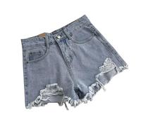 Gyios Pantaloncini Donna Shorts in Denim Estivo Donne Strappate Buchi in Alto Jeans Corto Femminile Strade Occasionale Largo Gamba Dritta Pantaloni Corti-Blu Chiaro Senza Cintura-l