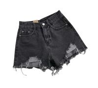 Gyios Pantaloncini Donna Shorts in Denim Estivo Donne Strappate Buchi in Alto Jeans Corto Femminile Strade Occasionale Largo Gamba Dritta Pantaloni Corti-Grigio Nero Senza Cintura-m
