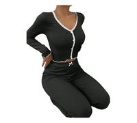 Gyios Pigiama da Donna Casual A Maniche Lunghe con Pantaloni, Set Sexy E Attillato Bordo in Pizzo-Nero-s