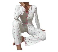 Gyios Pigiama da Donna Set per Il A Maniche Lunghe di Pigiami Abbottonato-Rosa-XL