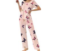 Gyios Pigiama Donna da con Stampa A Farfalla - T-Shirt Maniche Corte E Pantaloni Lunghi Abbigliamento Casa Carino Comodo per Tutte Le Stagioni-Rosa-m