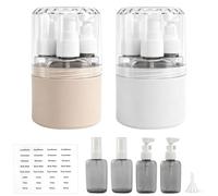 Gyism 2 dispenser da viaggio 4 in 1 da riempire con 4 bottiglie da viaggio da 50 ml in custodia rigida e adesivi per etichette, contenitore cosmetico per viaggi, ufficio, viaggio (beige + grigio)