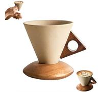 GYJZZW Elegante tazza da caffè conica, 250 ml, in ceramica grezza vintage, con manico in legno e piattino, tazza da latte in ceramica fatta a mano, tazza in gres porcellanato opaco smaltato per casa e