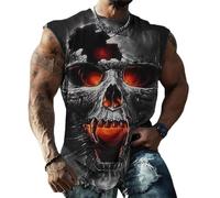 Gym Tank Top da uomo con teschio 3D, senza maniche, con stampa a girocollo, maglietta estiva, traspirante, per le vacanze, Hawaii, Nero , M