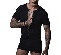 GYMAPE Uomo Manica Corta Tutina Henley Pigiama in Tuta Super Confortevole Elastico Cotone Un Pezzo Indumento Nero L