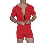GYMAPE Uomo Manica Corta Tutina Henley Pigiama in Tuta Super Confortevole Elastico Cotone Un Pezzo Indumento Rosso M