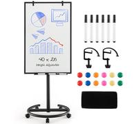 GYMAX 100 x 65 x 132-192 cm Lavagna Bianca a Secco Mobile, Lavagna Magnetica con Ruote e Supporto Regolabile in Altezza, 1 Cancellino,12 Magnetici, 25 Fogli di Carta, 6 Penna, 2 Graffette (Nero)