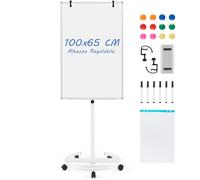 GYMAX 100 x 65 x 132-192 cm Lavagna Bianca a Secco Mobile, Lavagna Magnetica con Ruote e Supporto Regolabile in Altezza, 1 Cancellino,12 Magnetici, 25 Fogli di Carta, 6 Penna, 2 Graffette (Bianco)