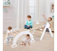 GYMAX 4 in 1 Set Arrampicata per Bambini con Scivolo,Triangolo di Arrampicata di Gioco in Legno, Giocattoli da Arco di Arrampicata, per Bambini 1 Anno+ (BIANCO)