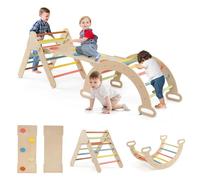 GYMAX 4 in 1 Set Arrampicata per Bambini con Scivolo,Triangolo di Arrampicata di Gioco in Legno, Giocattoli da Arco di Arrampicata, per Bambini 1 Anno+ (MACARON)