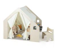 GYMAX 6-in-1 Tenda da Gioco per Bambini, Tenda Giocattolo in Legno con Tappetino, Scrivania, Sedia, Cesto e Tappetino, Tenda da Gioco Montessori per Bambini (Beige, 97.5 x 125.5 x 113CM)