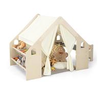 GYMAX 6-in-1 Tenda da Gioco per Bambini, Tenda Giocattolo in Legno con Tappetino, Scrivania, Sedia, Cesto e Tappetino, Tenda da Gioco Montessori per Bambini (Beige, 97.5 x 141 x 113CM)