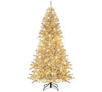 GYMAX Albero di Natale Artificiale Pre-illuminato 150/180/210 cm, Albero di Natale Innevato con 190/270/350 Luci LED, 8 Modalità, 602/806/1072 Punte di Rami, 26/32/40 Pigne e Bacche Rosse
