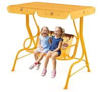 GYMAX Altalena a 2 Posti per Bambini con Tettoia Regolabile e Cinture di Sicurezza, Panchina da Giardino con Struttura in Metallo, Regalo per Bambini 3 + Anni, Per Cortile, Giardino e Prato (Giallo)