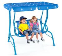 GYMAX Altalena a 2 Posti per Bambini con Tettoia Regolabile e Cinture di Sicurezza, Panchina da Giardino con Struttura in Metallo, Regalo per Bambini 3 + Anni, Per Cortile, Giardino e Prato (Blu)