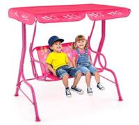GYMAX Altalena a 2 Posti per Bambini con Tettoia Regolabile e Cinture di Sicurezza, Panchina da Giardino con Struttura in Metallo, Regalo per Bambini 3 + Anni, Per Cortile, Giardino e Prato (Rosa)