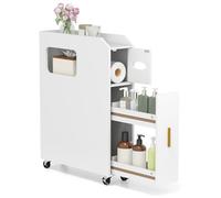 GYMAX Armadietto da Bagno Slim 16 CM, Carrello di Stoccaggio al WC con Porta Carta Igienica e Spazzola, Cassetto Scorrevole, 2 Ruote Bloccabili, Organizer Salvaspazio (Bianco)