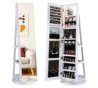 GYMAX Armadietto per Gioielli Girevole a 360°, con Specchio a Figura Intera Luce a LED a 3 Colori, Specchio Interno per il Trucco con Serratura, 54,5 x 54,5 x 161cm (BIANCO)