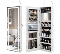GYMAX Armadietto Portagioie con Serratura, Specchiera con Luci, Design Touch Screen, Montaggio a 2 Modalità, Organizzatore per Orecchini, Anelli, Bracciali, Collane e Cosmetici (Bianco)