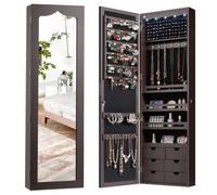 GYMAX Armadietto Portagioie da Parete, Portagioielli con Luci LED e 6 Cassetti, Specchiera a Figura Intera, Organizzatore per 84 Anelli, 120 Orecchini, 36 Borchie, Moderno, 36,5x11,5x120 cm (Brown)