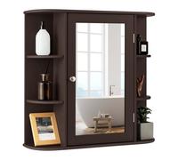 GYMAX Armadio da Parete, Armadietto da Bagno 10 Ripiani con Specchio, 66 x 17 x 63 cm (Marrone)