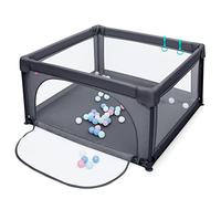 GYMAX Box per Bambini 120 x 120 x 68 cm, Recinto in Rete con 50 Palline e 2 Anelli per Imparare a Camminare, Ventose Antiscivole, Centro Attività (Grigio Scuro)