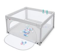 GYMAX Box per Bambini 120 x 120 x 68 cm, Recinto in Rete con 50 Palline e 2 Anelli per Imparare a Camminare, Ventose Antiscivole, Centro Attività (Grigio Chiaro)