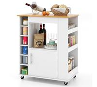GYMAX Carrello da Cucina con Ruote, Mobile per la Cucina con Piano in Bambù, Portabottiglie da 6 Posti, Ruote Piroettanti Bloccabili, Isola Cucina con Portaspezie e Portasciugamani, Bianco (Bianco)