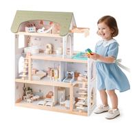 GYMAX Casa delle Bambole in Legno, Casa delle Bambole Moderna a 4 Piani con 33 Pezzi di Accessori per Mobili, 6 Stanze, Balcone con Piscina, Giocattolo per Gioco Immaginativo per Bambini 3+ Anni