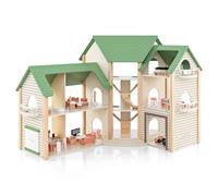 GYMAX Casa delle Bambole in Legno per Bambine, Set da Gioco con 36 Accessori, Casa delle Bambole a 6 Stanze con Scale Incorporate e Balconi, Garage con 2 Auto Giocattolo, per Bambine 3 Anni +