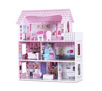 GYMAX Casa delle Bambole per Bambina in Legno, Giocattolo Multicolore a 3 Ripiani con Accessori Completi e Mobili, 70x62x27 cm