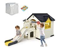 GYMAX Casetta Multifunzionale per Bambini, Casetta Giocattolo con 2 Finestre, Tavolo da Picnic e Porte, per Esterni e Interni, per 3-8 Anni (Giallo Casetta+Scivolo)