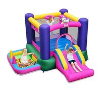GYMAX Castello Gonfiabile da Interno/Esterno con Scivolo, Piscina di Palline, Canestro da Basket, Anelli e Palline, Centro Gioco per Bambini a Tema Unicorno, per Età 3-12 Anni