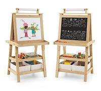 GYMAX Cavalletto per Bambini 3 in 1, Lavagna Magnetica con Doppia Faccia,2 Vassoi e 2 Scatole, Cavalletto per Dipingere, Inclusi Carta per Dipingere e Magneti, 59 x 50 x 117 cm (Naturale)