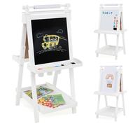 GYMAX Cavalletto Pieghevole con Lavagna Magnetica, Lavagna a Gesso, Rullo di Carta & Supporto, 3 Bicchieri per Vernice, 3 Vassoi di Stoccaggio, Cavalletto Regolabile per Bambini 3+ Anni (Bianco)