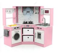 GYMAX Cucina da Gioco ad Angolo, Cucina Giocattolo in Legno con Luci e Suoni Realistici, Sistema di Circolazione dell'Acqua, Lavatrice e Accessori, per Bambini dai 3 Anni+ (Rosa)
