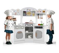 GYMAX Cucina da Gioco Angolare per Bambini, Set da Cucina per Bambini con Luci e Suoni, Macchina per Caffè, Forno, Microonde, Lavatrice, Accessori da Cucina, per Bambini 3+ (Bianco)