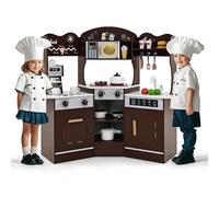 GYMAX Cucina da Gioco Angolare per Bambini, Set da Cucina per Bambini con Luci e Suoni, Macchina per Caffè, Forno, Microonde, Lavatrice, Accessori da Cucina, per Bambini 3+ (Marrone)