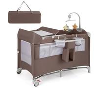 GYMAX Culla 5 in 1 con Fasciatoio, Palestrina, Scatola Musicale, Giochi, da Viaggio per Bambini, Lettino Portatile con Borsa da Trasporto per Neonati e Bambini (Marrone)