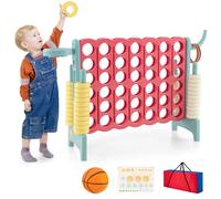 GYMAX Gioco Gigante 4 in Fila, Set di Gioco 4-to-Score con Canestro e Anello da Lancio, 42 Anelli di Facile Presa, Leva di Reset Rapido, Set di Gioco per Interni ed Esterni (Rosso E Verde)