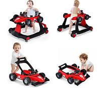 GYMAX Girello per Bambini 4 in 1 a Spinta, Girello Primi Passi Pieghevole con Altezza e Velocità Regolabile, con Luci e Suoni per Bambini 6-18 Mesi, Portata 12 kg, 73 x 64 x 55,5 cm (rosso)