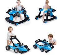 GYMAX Girello per Bambini 4 in 1 a Spinta, Girello Primi Passi Pieghevole con Altezza e Velocità Regolabile, con Luci e Suoni per Bambini 6-18 Mesi, Portata 12 kg, 73 x 64 x 55,5 cm (blu)