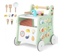 GYMAX Girello per Bambini in Legno 6-in-1, Carrello Primi Passi con Blocchi e Accessori in 9 Parti, con Fornello, Cucina Giocattolo Montessori con Ruote, per Bambino 1 Anno + (Verde)
