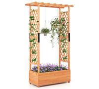 GYMAX Letto da Giardino Rialzato con Pergola, Letto da Giardino Rialzato in Legno con Tettoia Appesa, Scatola di Fioriere, Fori di Drenaggio per Piante Rampicanti, Fiori, Verdure (Arancione)