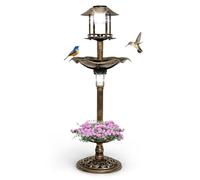 GYMAX Mangiatoia Fontana Solare per Uccelli, Vasca per Uccelli da Giardino con Lampade Solari, Fioriera, Supporto Riempibile, 3 Chiodi, Decorazione Luminosa all'Aperto, Giardino, Cortile (Bronzo)