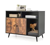 GYMAX Mobile per Lettiera per Gatti, Mobile Lettiera Gatto con Armadietto a Doppia Anta e Gambe in Metallo, 2 Scomparti e Tappetino, Casetta per Gatti da Interno, 90 x 50 x 70 cm