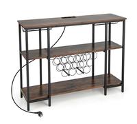 GYMAX Mobile Portabottiglie di Vino a 3 Livelli con Prese, Tavolo da Bar per Liquori con Porta Calici, Struttura in Metallo, Tavolo Console per Soggiorno, Cucina e Sala da Pranzo (MARRONE)